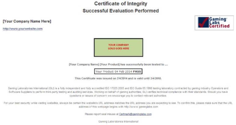 Gaming Laboratories International casino certificate